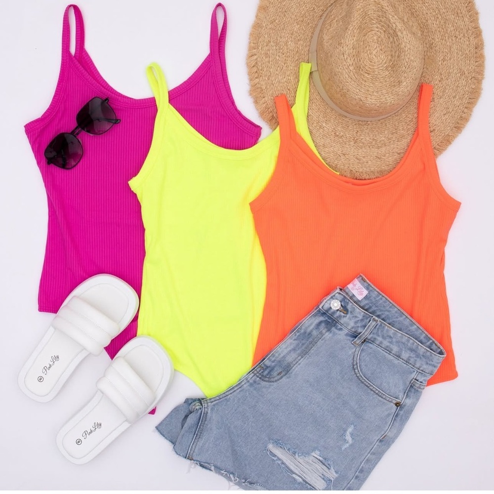Pink Lily Neon Eyes Orange Ribbed Scoop Neck Bodysuit